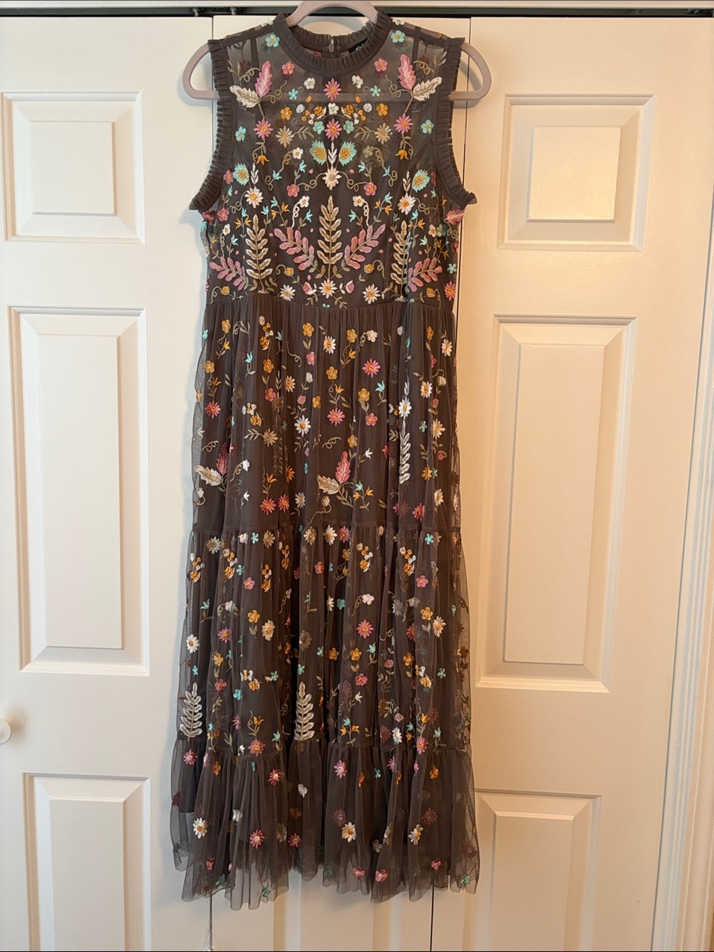 Sundance Brown Maxi Dress with Multicolor Floral Embroidery overlay. - Picture 2 of 5